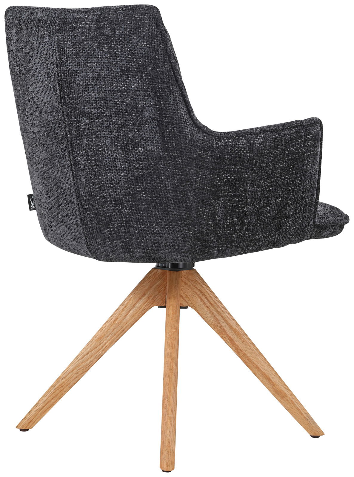 Rückansicht eines Sessels mit dunkelgrauem Stoffbezug und Holzbeinen in einem modernen Design.