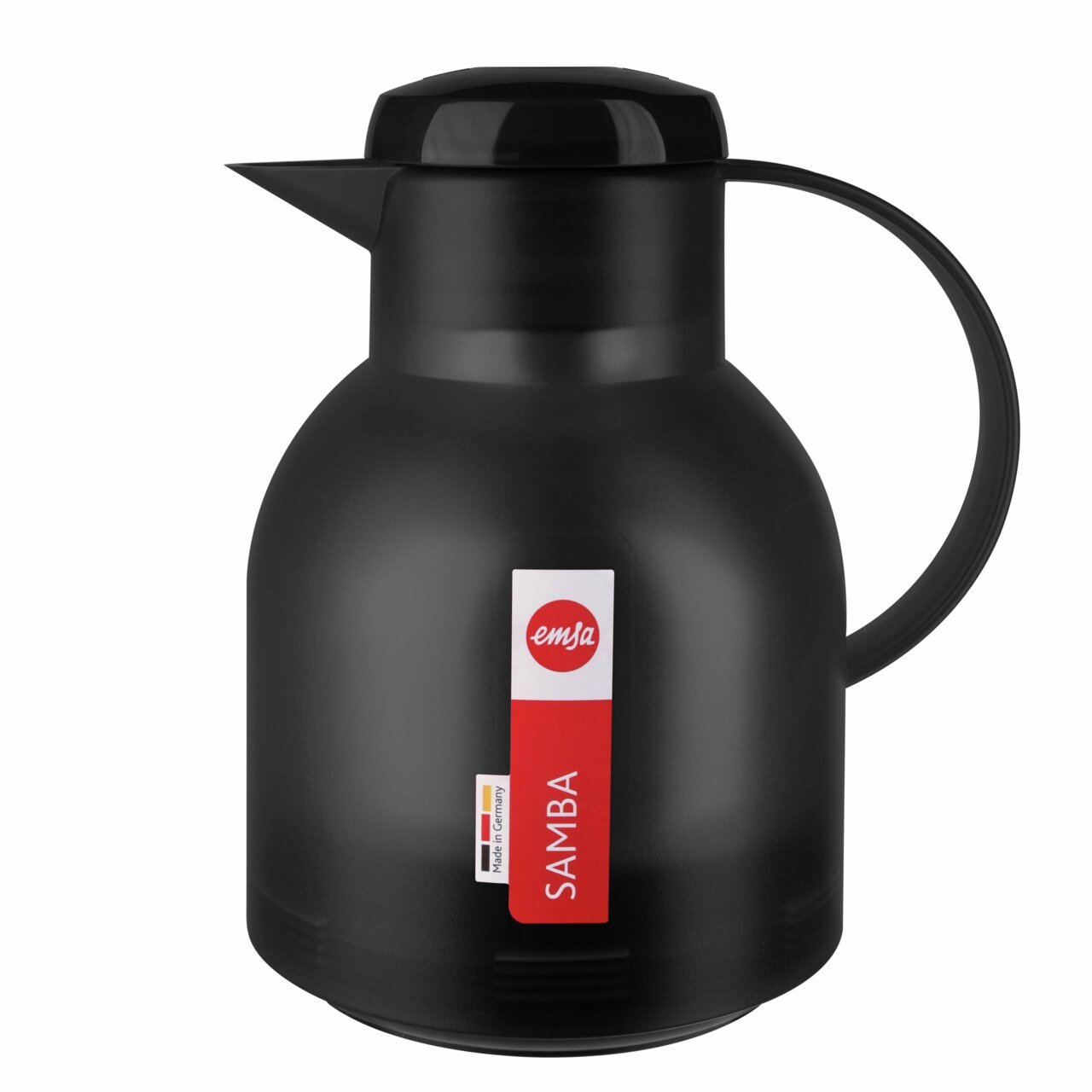 Emsa Isolierkanne SAMBA schwarz Schwarze Isolierkanne SAMBA von vorne mit rotem Etikett und ergonomischem Griff.