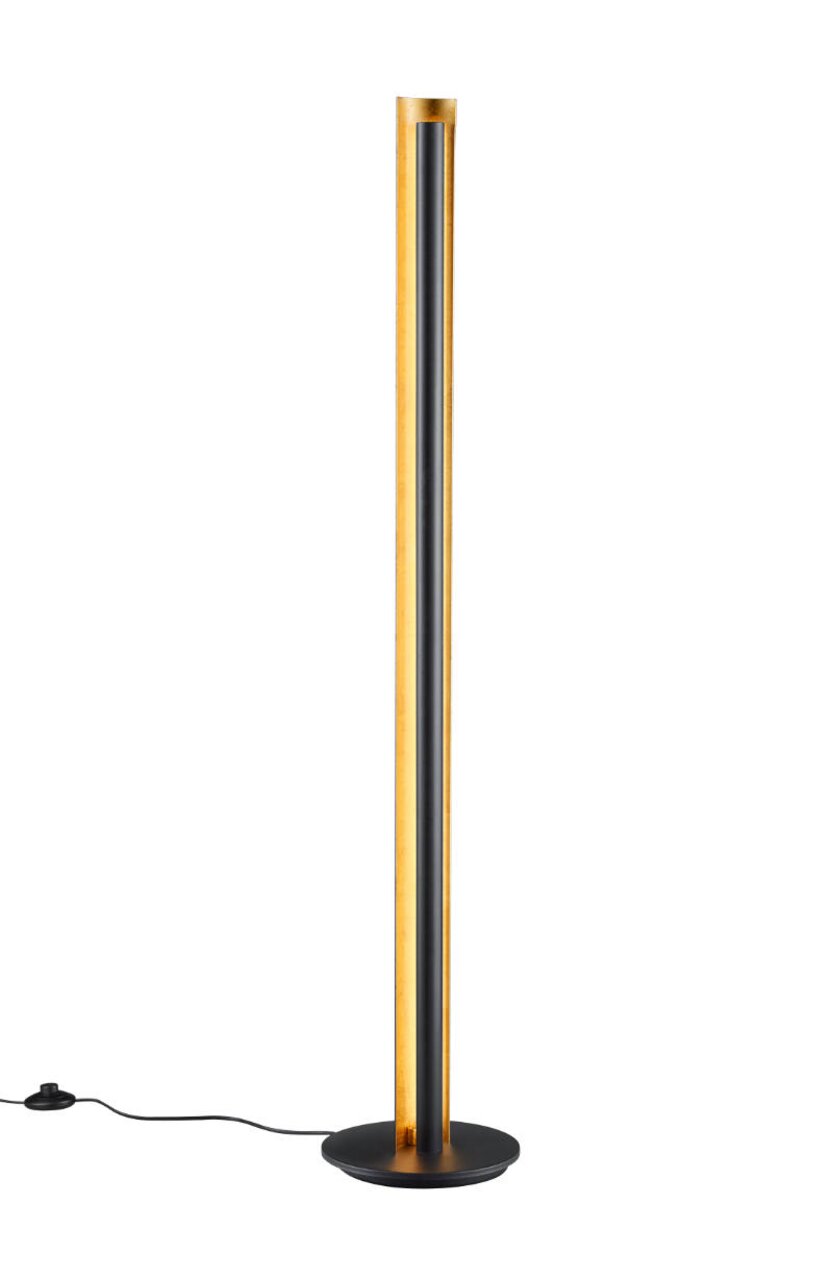 Moderne LED-Stehlampe TEXEL in Schwarz und Gold, frontal abgebildet mit rundem Sockel und schmalem, vertikalem Design.