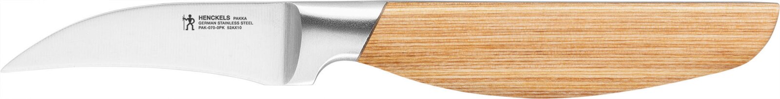 Henckels by Zwilling Schälmesser 7 cm PAKKA Henckels Pakka Küchenmesser mit gebogener Edelstahlklinge und hellem Holzgriff in seitlicher Profilansicht