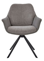 Grauer Armlehnstuhl mit gepolsterter Sitzfläche und Rückenlehne, schwarzes Metallgestell, Frontalansicht