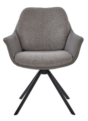 Grauer Armlehnstuhl mit gepolsterter Sitzfläche und Rückenlehne, schwarzes Metallgestell, Frontalansicht