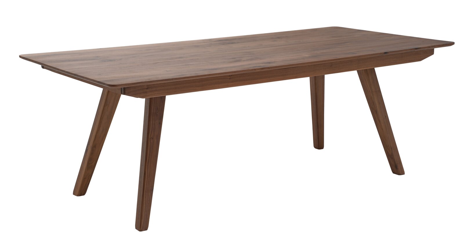Rechthoekige houten eettafel in donkerbruin met schuin geplaatste poten, schuin van voren gefotografeerd (driekwartperspectief) op witte achtergrond