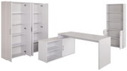 Witte kantoor meubelset met hoekbureau en drie opbergkasten met open deuren en planken, getoond in schuin vooraanzicht