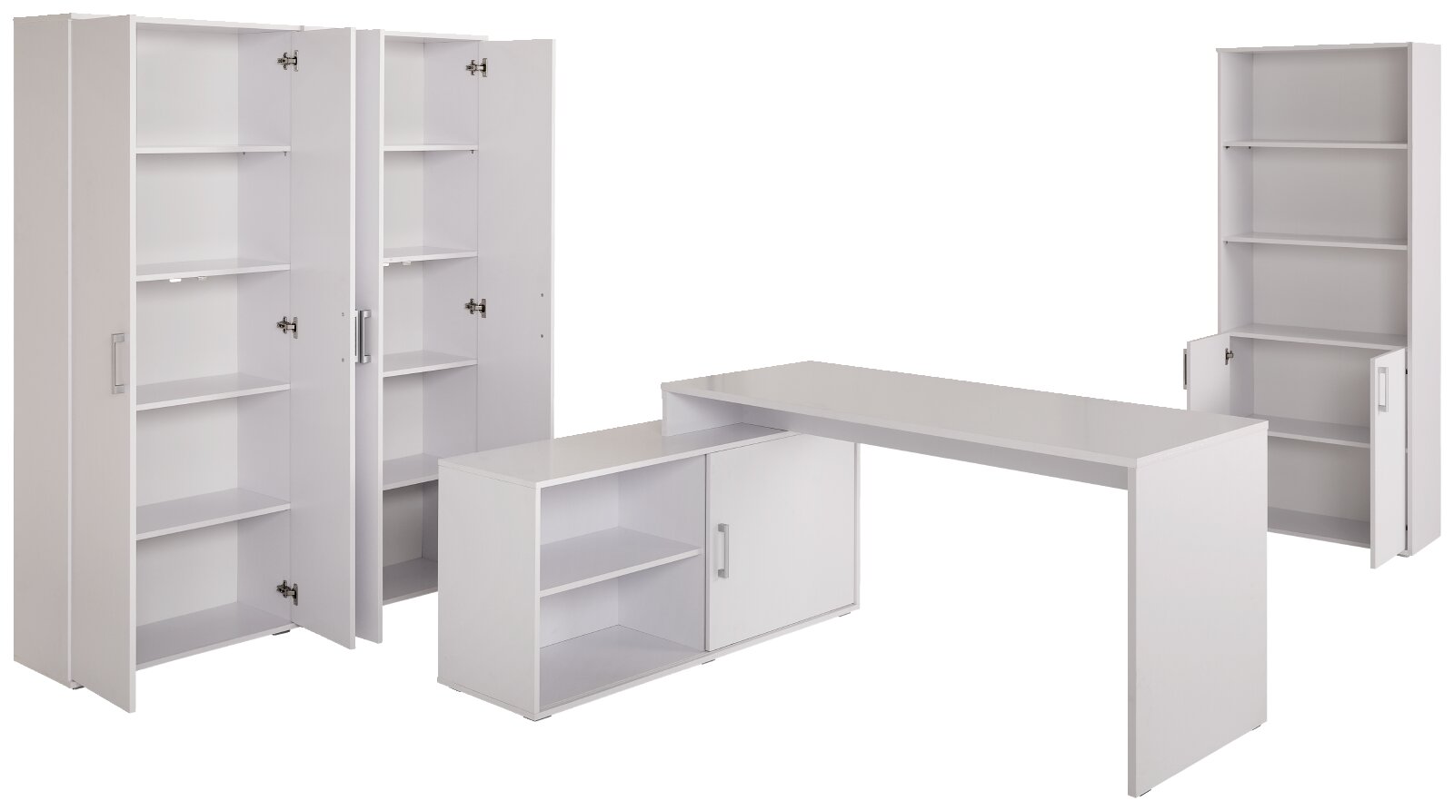 Witte kantoor meubelset met hoekbureau en drie opbergkasten met open deuren en planken, getoond in schuin vooraanzicht