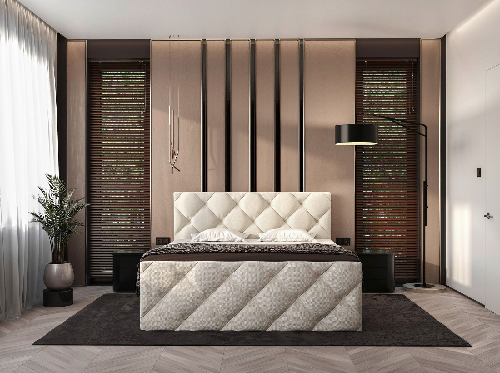 Luxuriöses Boxbett mit gestepptem Kopfteil in einem modernen Schlafzimmer, Frontalansicht