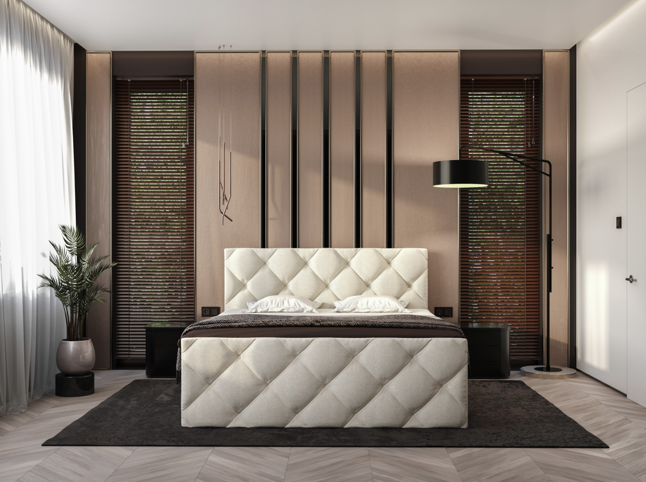 Luxuriöses Boxbett mit gestepptem Kopfteil in einem modernen Schlafzimmer, Frontalansicht