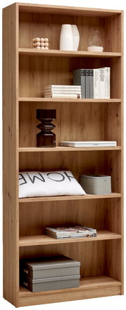 Holzregal mit mehreren Fächern, gefüllt mit Büchern, Dekorationen und Aufbewahrungsboxen, frontal betrachtet.