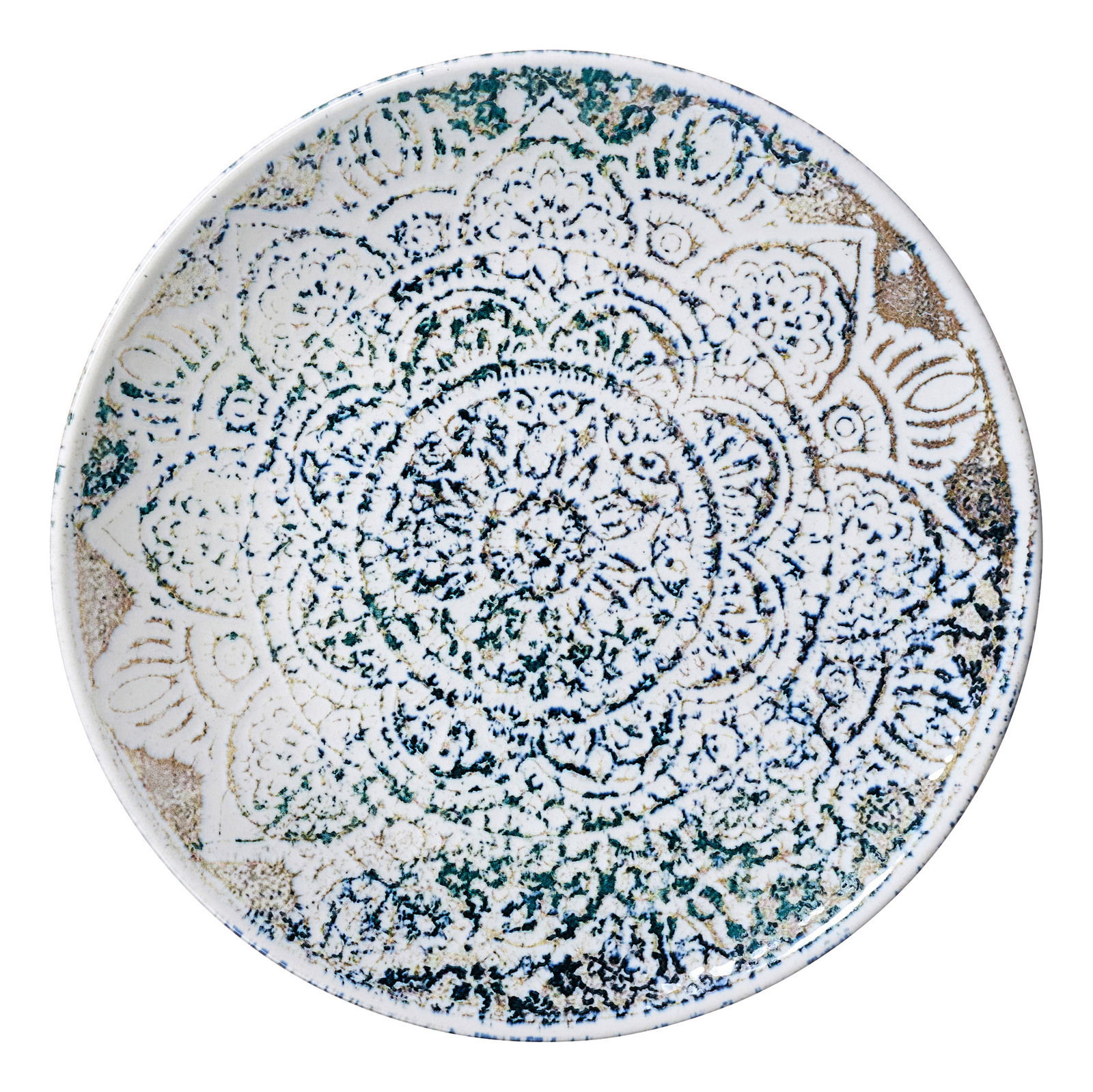 Dessertteller Luigi 20,5cm mit kunstvollem, mandalaartigem Muster in Blau- und Grüntönen, Draufsicht