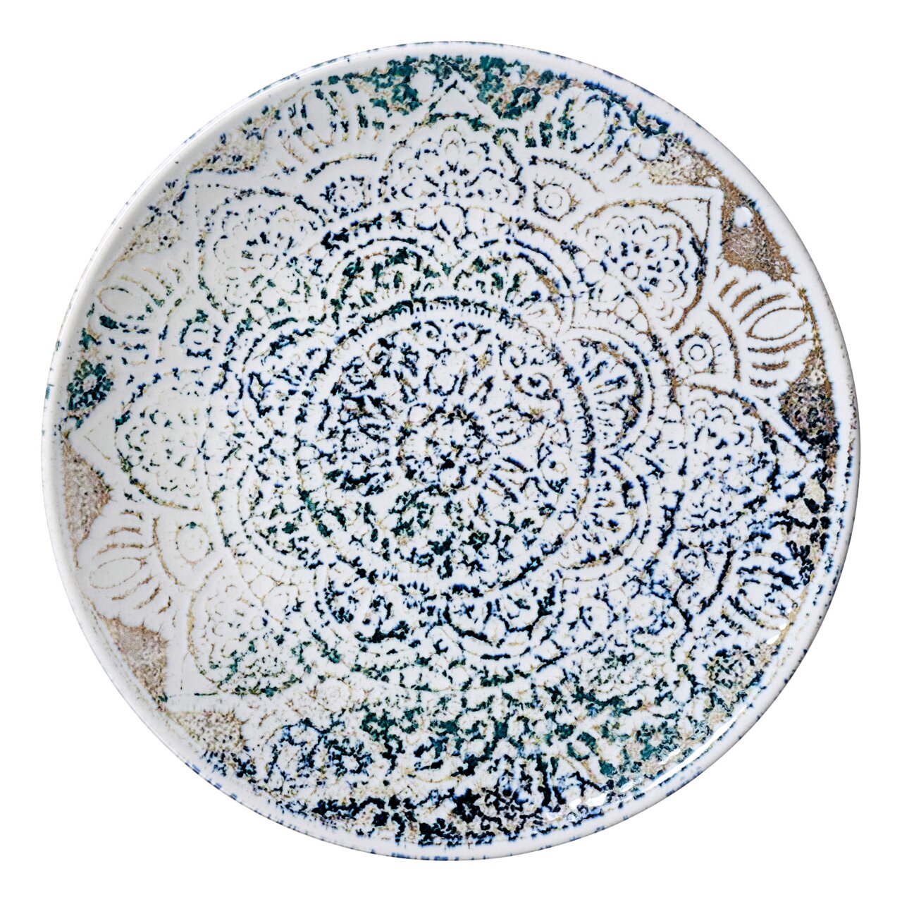Dessertteller Luigi 20,5cm mit kunstvollem, mandalaartigem Muster in Blau- und Grüntönen, Draufsicht
