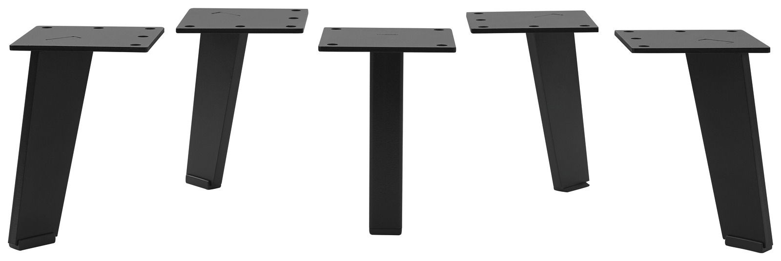 Fünf schwarze Metallfüße in schräger Perspektive, geeignet für Möbelmontage.