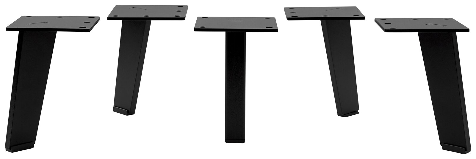 Voleo Fuß-Set UNIQUE Fünf schwarze Metallfüße in schräger Perspektive, geeignet für Möbelmontage.