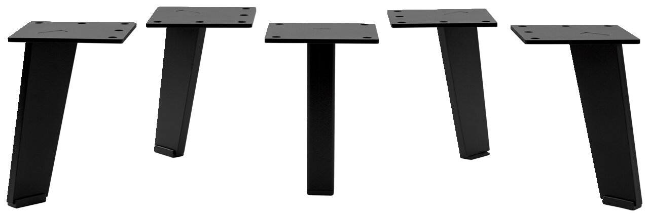 Voleo Fuß-Set UNIQUE Fünf schwarze Metallfüße in schräger Perspektive, geeignet für Möbelmontage.