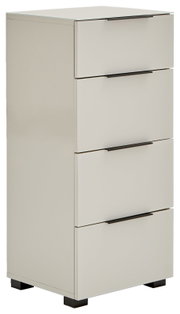 Hoher, schmaler Badezimmerschrank in Weiß mit vier Schubladen und schwarzen Griffleisten, leicht schräg von vorne links fotografiert