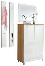Garderoben-Set bestehend aus einem Schrank mit Holzoptik und weißen Türen, zwei Wandpaneelen mit Haken und einem Spiegel, seitliche Perspektive.