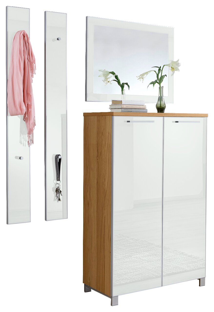 Garderoben-Set bestehend aus einem Schrank mit Holzoptik und weißen Türen, zwei Wandpaneelen mit Haken und einem Spiegel, seitliche Perspektive.