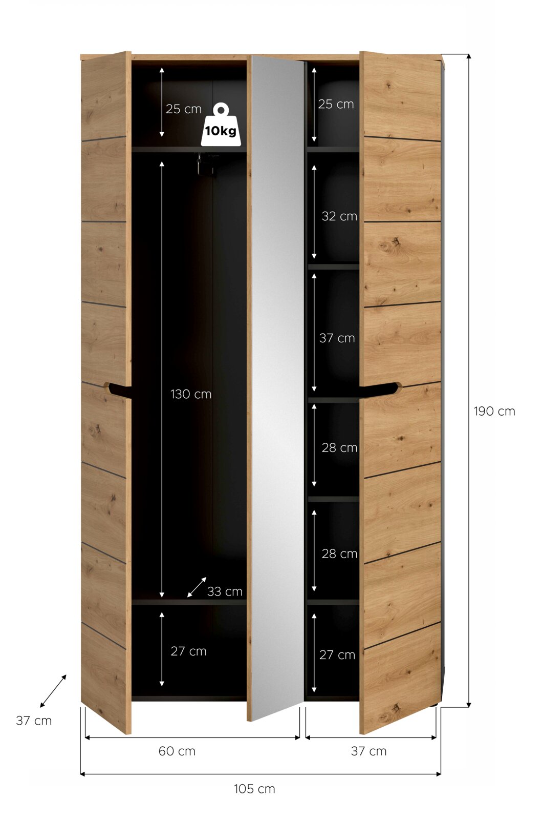 Offener Kleiderschrank in Eichenoptik mit Spiegel-Mitteltür und schwarzem Innenraum, links hoher Hänge-/Stauraum und rechts mehrere Regalfächer, Maßangaben eingeblendet (B 105 cm, H 190 cm, T 37 cm), Frontansicht.