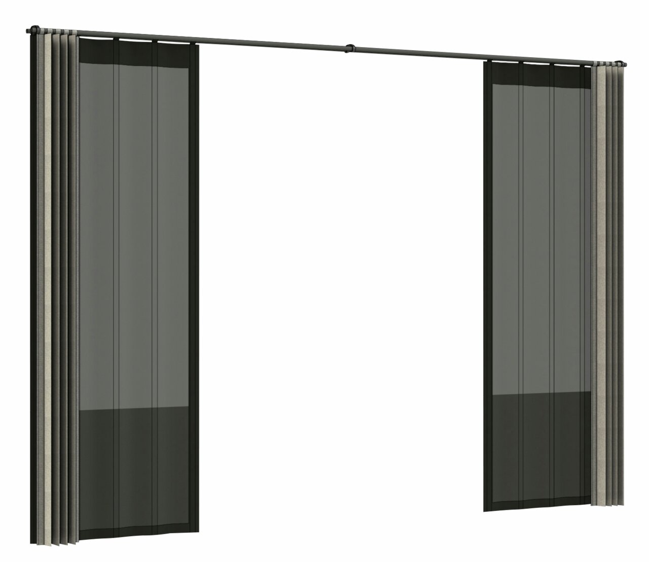 Vorhang Set in schwarzer Farbe, frontal betrachtet, mit transparenten und blickdichten Elementen.