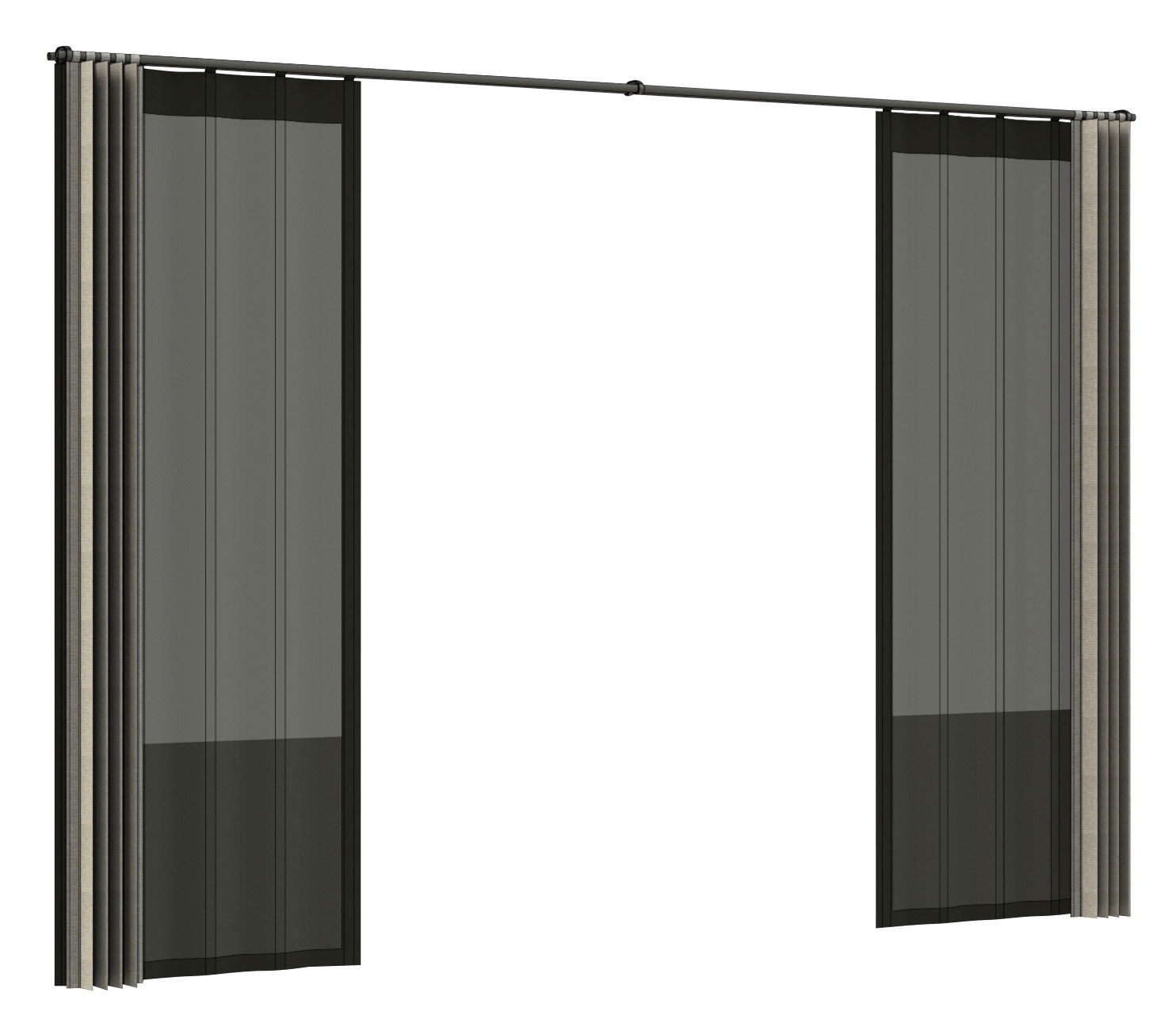 Vorhang Set in schwarzer Farbe, frontal betrachtet, mit transparenten und blickdichten Elementen.