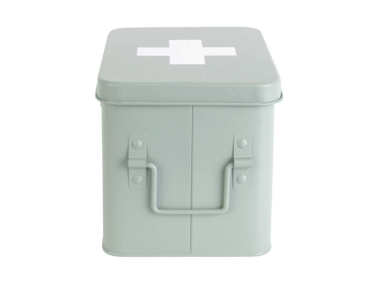 Frontansicht einer hellgrünen Aufbewahrungsbox mit einem weißen Kreuz auf dem Deckel.