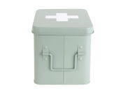 Frontansicht einer hellgrünen Aufbewahrungsbox mit einem weißen Kreuz auf dem Deckel.