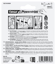 Verpackung der tesa Powerstrips Haken S Ecki, Vorderansicht, zeigt Anweisungen zur Befestigung und Entfernung, geeignet für glatte Oberflächen.