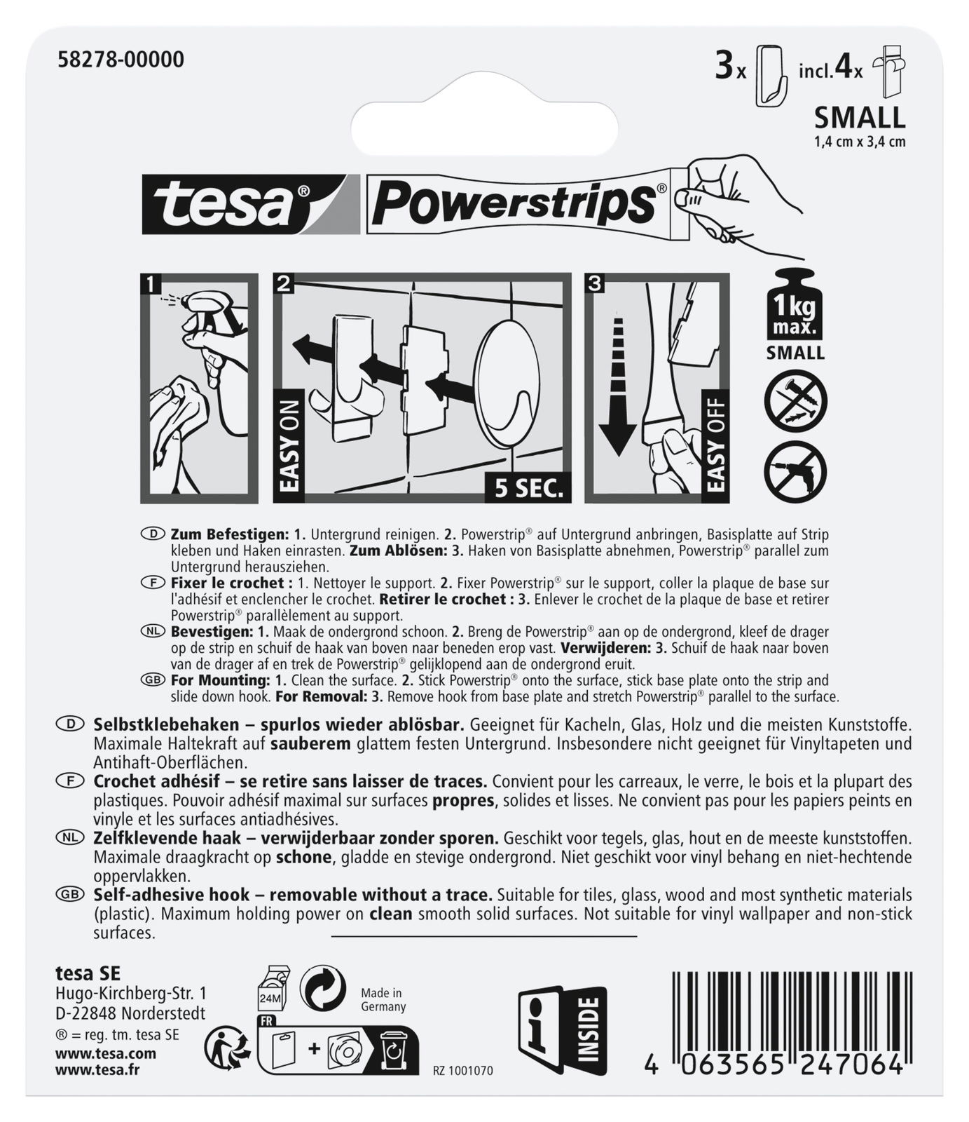 Verpackung der tesa Powerstrips Haken S Ecki, Vorderansicht, zeigt Anweisungen zur Befestigung und Entfernung, geeignet für glatte Oberflächen.