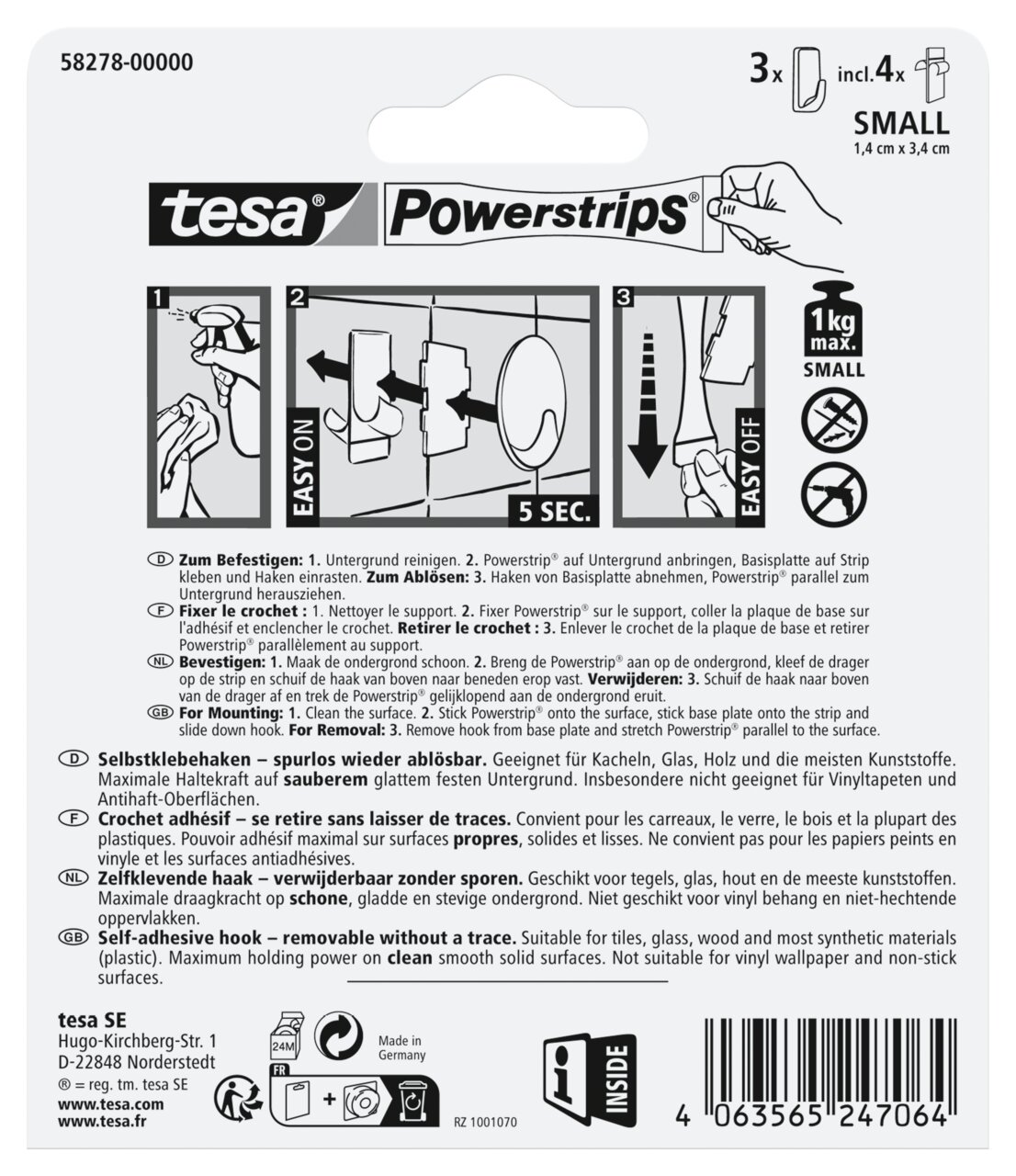 Verpakking van de tesa Powerstrips Haken S Ecki, vooraanzicht, met instructies voor het bevestigen en verwijderen, geschikt voor gladde oppervlakken.