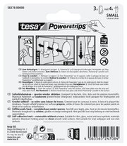 Verpakking van de tesa Powerstrips Haken S Ecki, vooraanzicht, met instructies voor het bevestigen en verwijderen, geschikt voor gladde oppervlakken.