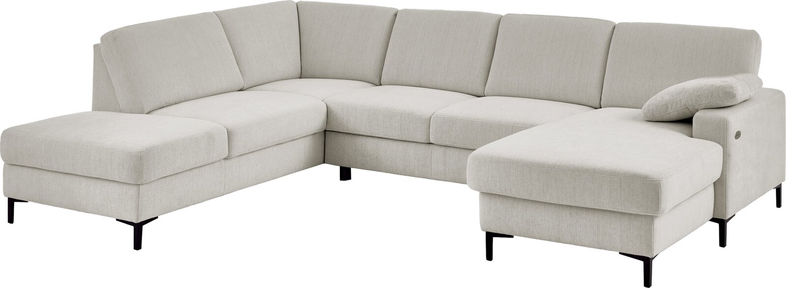 Hellbeiges U-förmiges Ecksofa mit zwei Ottomane/Chaiselongue-Elementen, Stoffbezug und schwarzen Metallfüßen, Ansicht schräg von vorne.