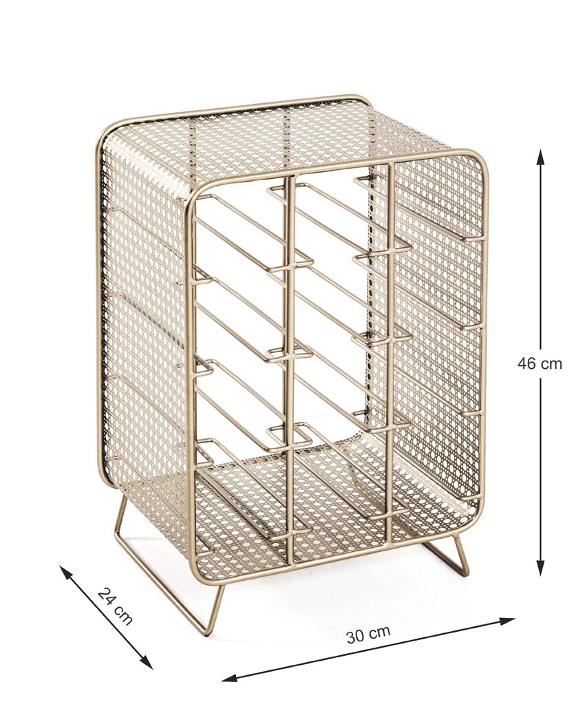 Goldfarbenes Metallregal/Organizer mit perforierten Seiten und mehreren Drahtablagen, auf schrägen Füßen, Maße ca. 46 x 30 x 24 cm, in schräger Frontansicht vor weißem Hintergrund.