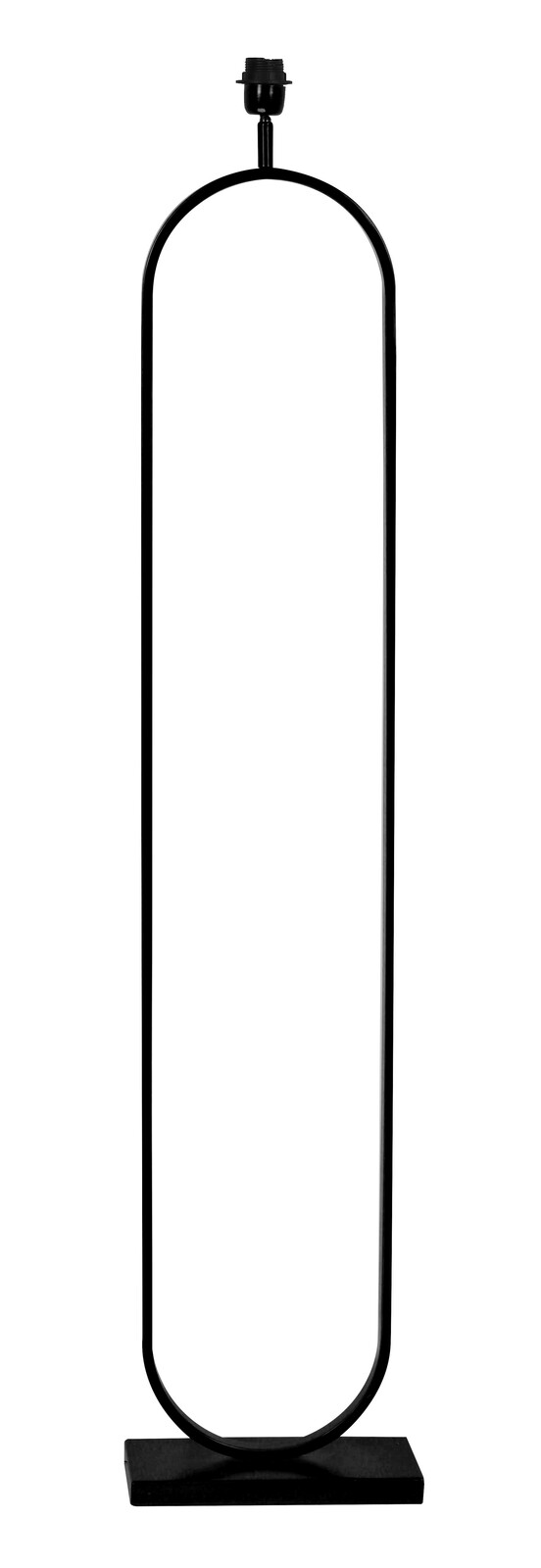 Moderne schwarze Stehleuchte mit ovalem Rahmen, frontal betrachtet.