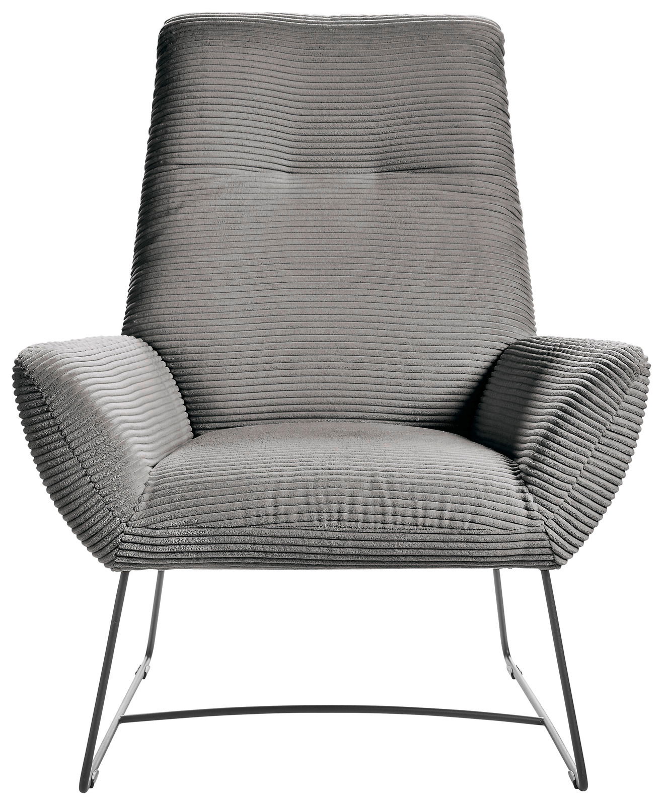 Grauer Sessel mit geripptem Stoffbezug und Metallbeinen, Frontalansicht