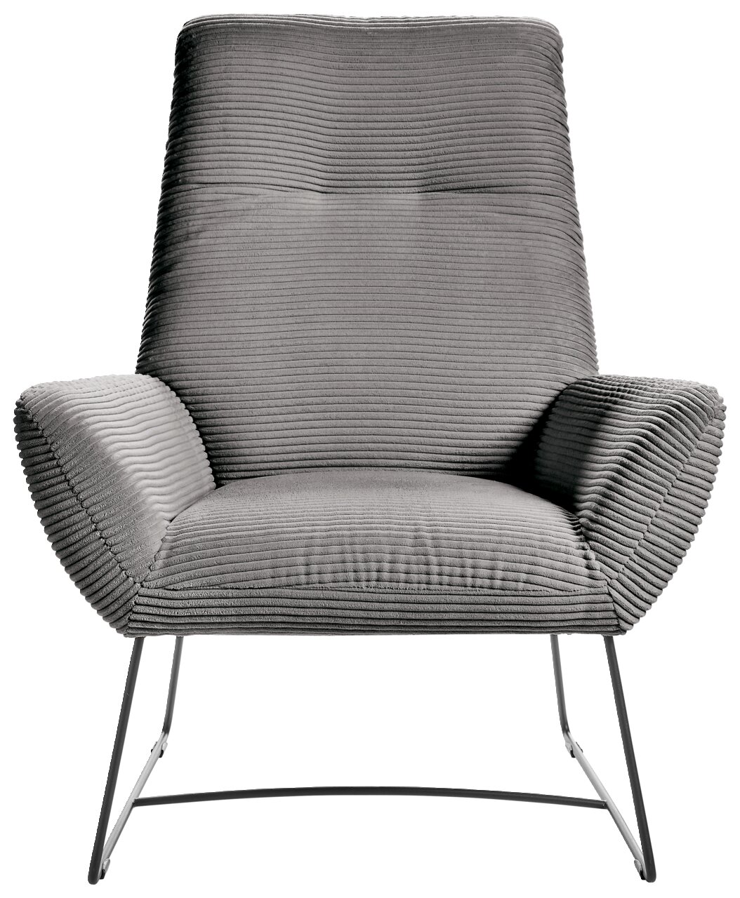 Grauer Sessel mit geripptem Stoffbezug und Metallbeinen, Frontalansicht