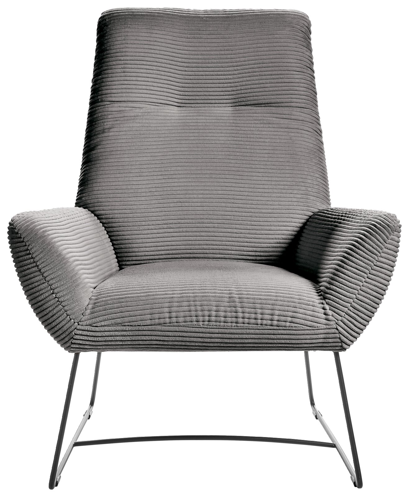 Grijze fauteuil met geribbelde stoffen bekleding en metalen poten, vooraanzicht