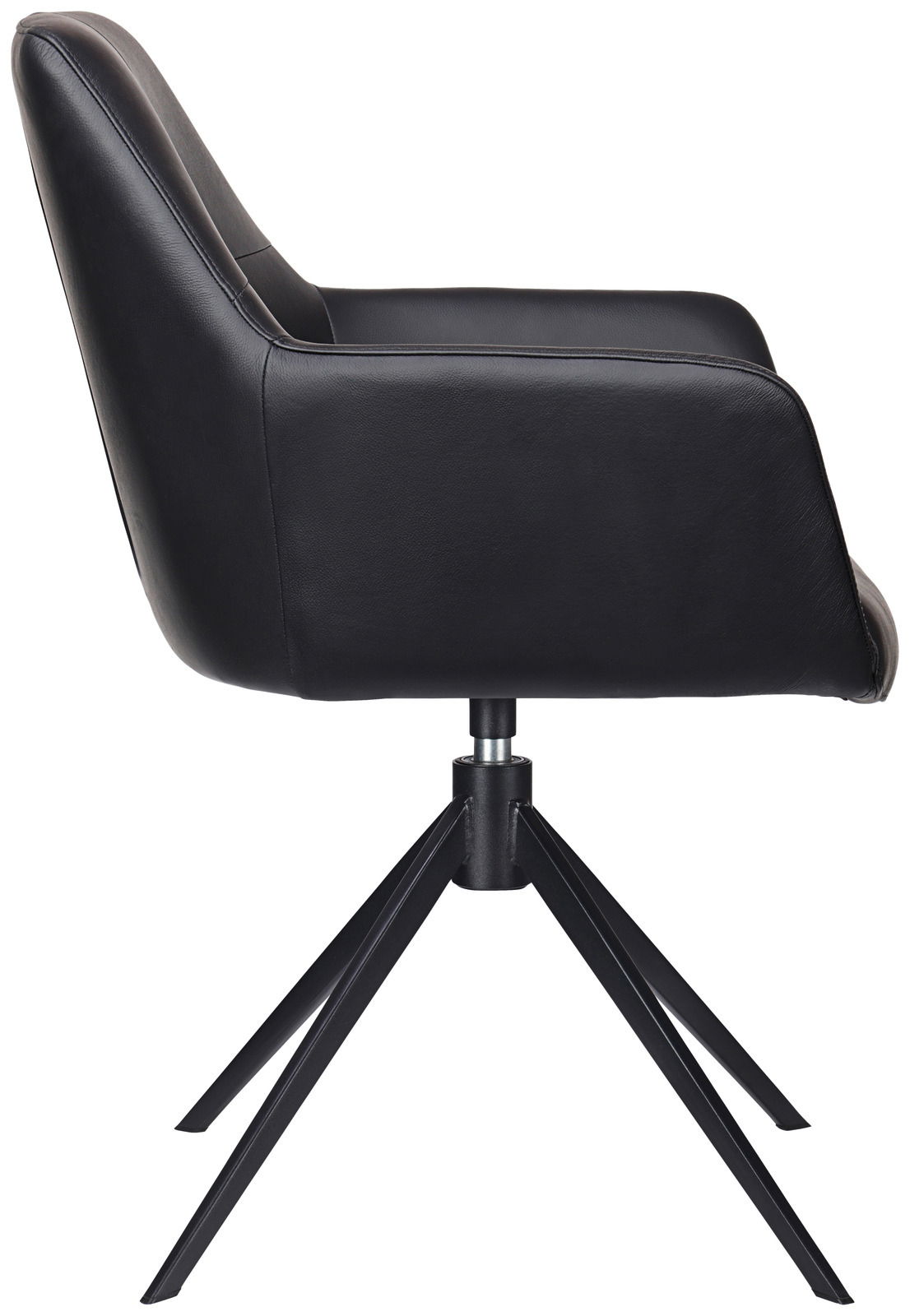 Moderner schwarzer Armlehnstuhl aus Leder mit Metallgestell, Seitenansicht
