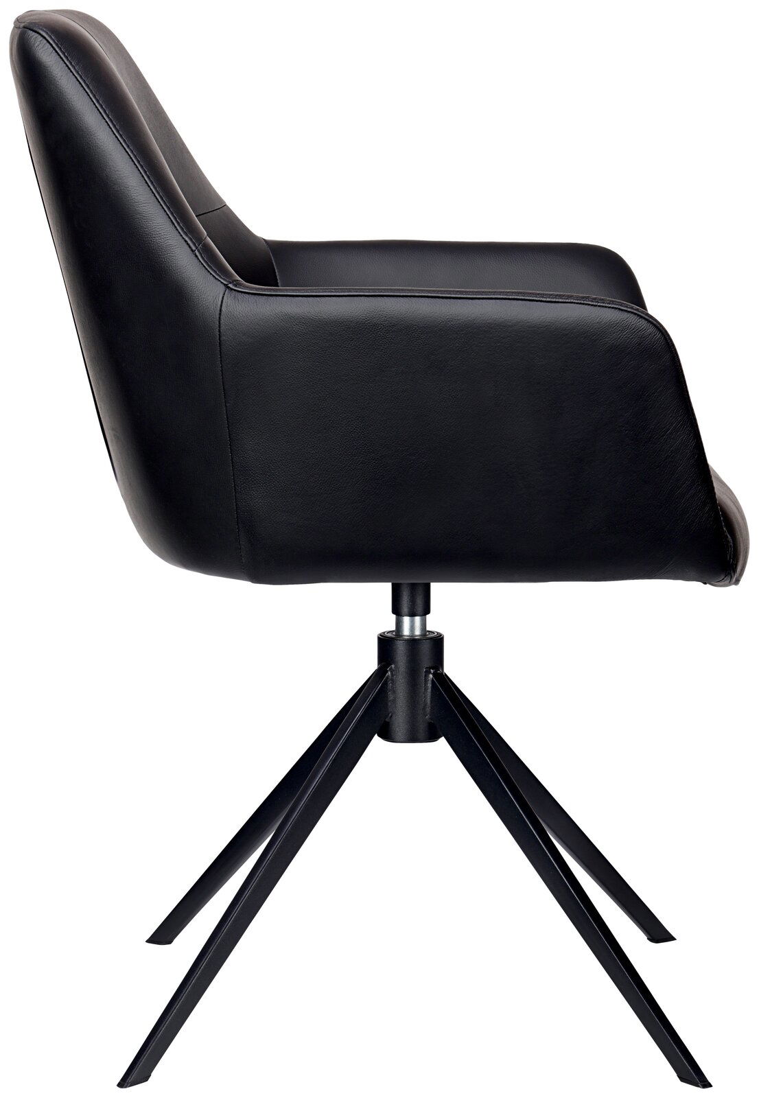 Moderner schwarzer Armlehnstuhl aus Leder mit Metallgestell, Seitenansicht