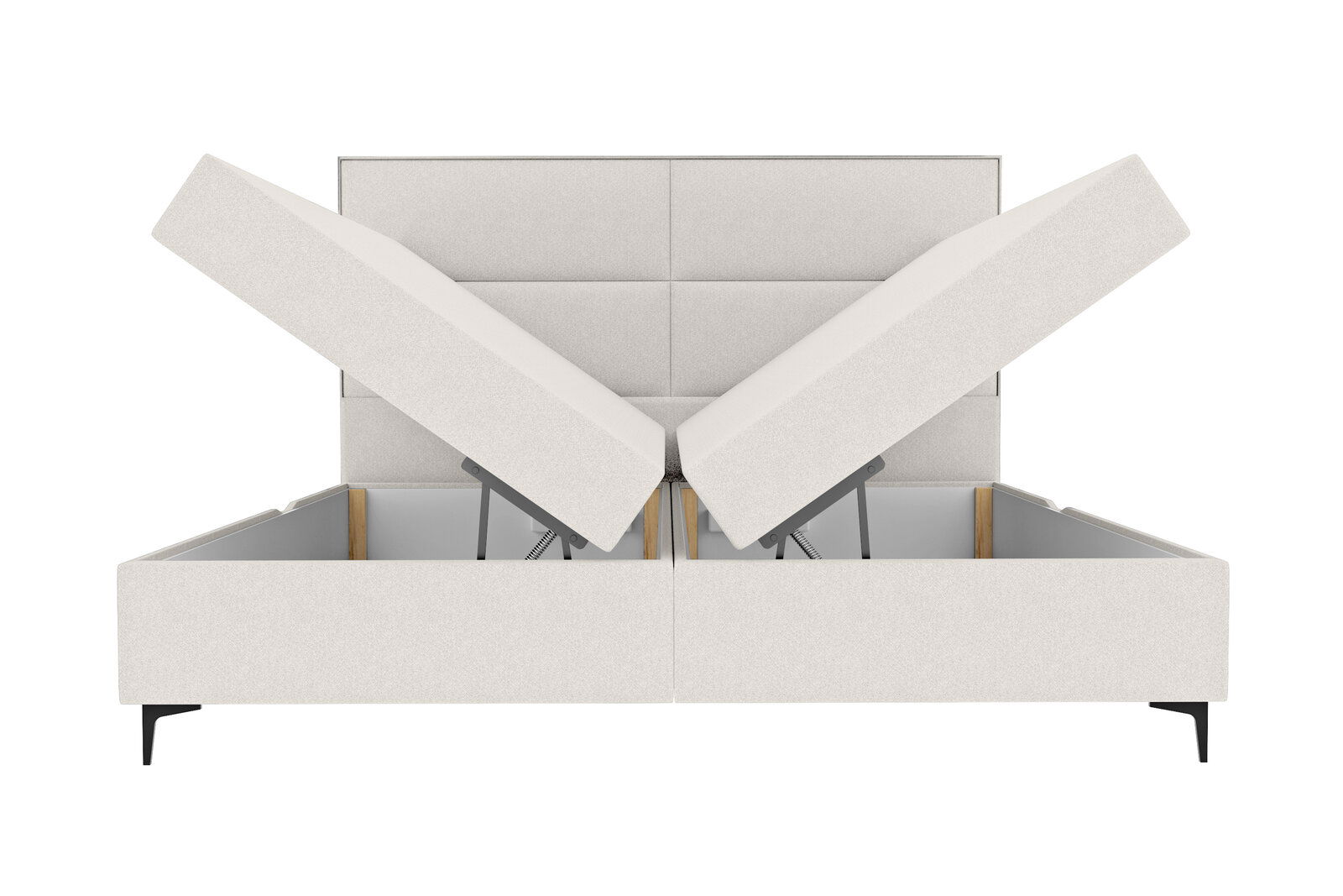 Boxspringbett mit hochgeklappten Matratzen, Vorderansicht