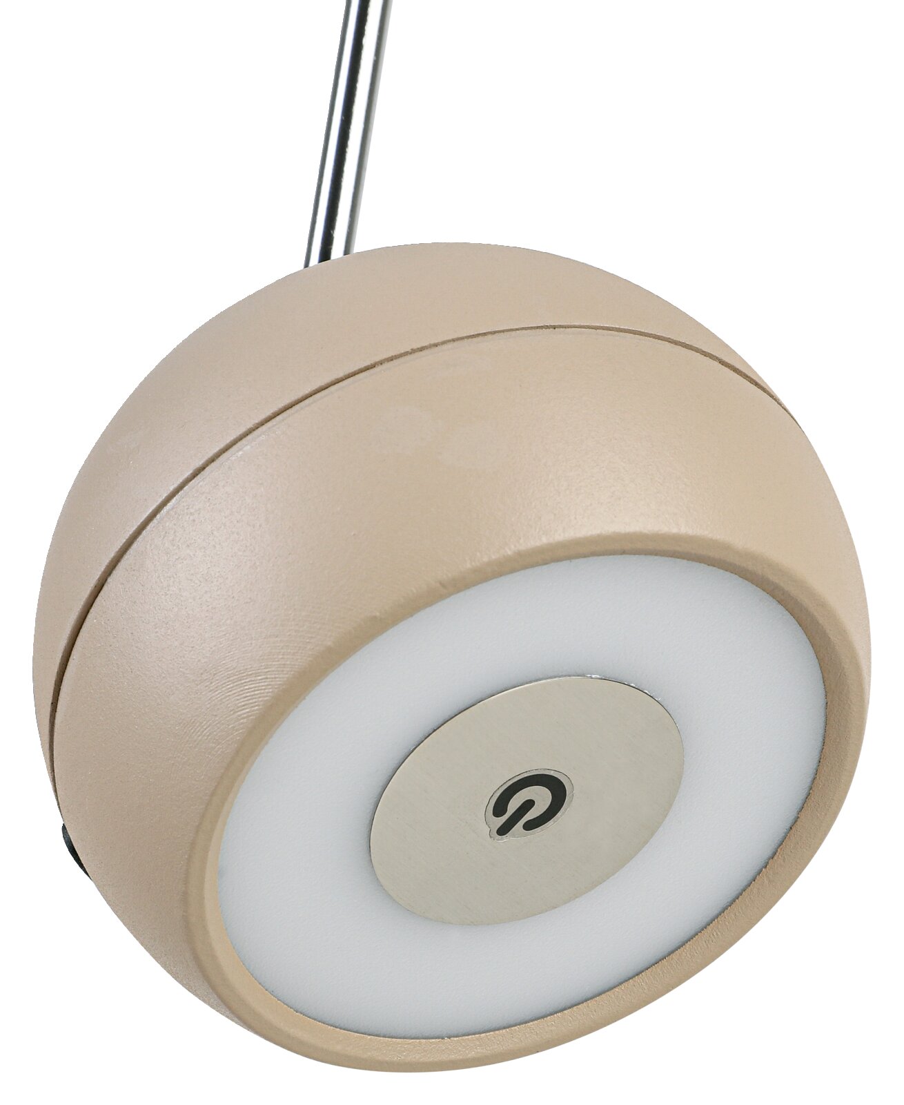 Runde LED-Hängeleuchte in Beige/Champagner mit opalem Diffusor und Touch-Schalter, Nahaufnahme aus leicht schräger Untersicht