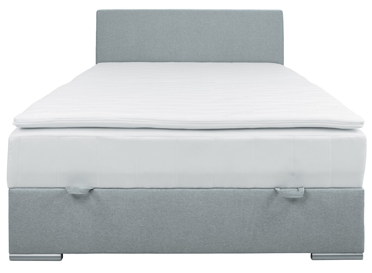 Boxbed 140 in grijze stof met wit matras, vooraanzicht