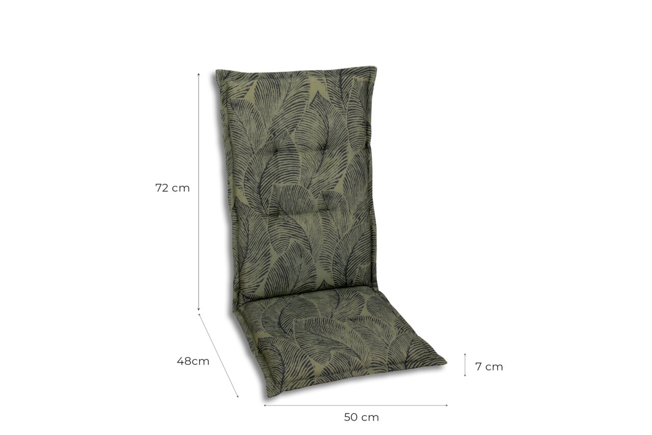 Sesselauflage mit grünem Blattmuster, seitliche Perspektive, Maße: 72 cm Höhe, 48 cm Sitzfläche, 50 cm Breite, 7 cm Dicke