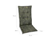 Sesselauflage mit grünem Blattmuster, seitliche Perspektive, Maße: 72 cm Höhe, 48 cm Sitzfläche, 50 cm Breite, 7 cm Dicke