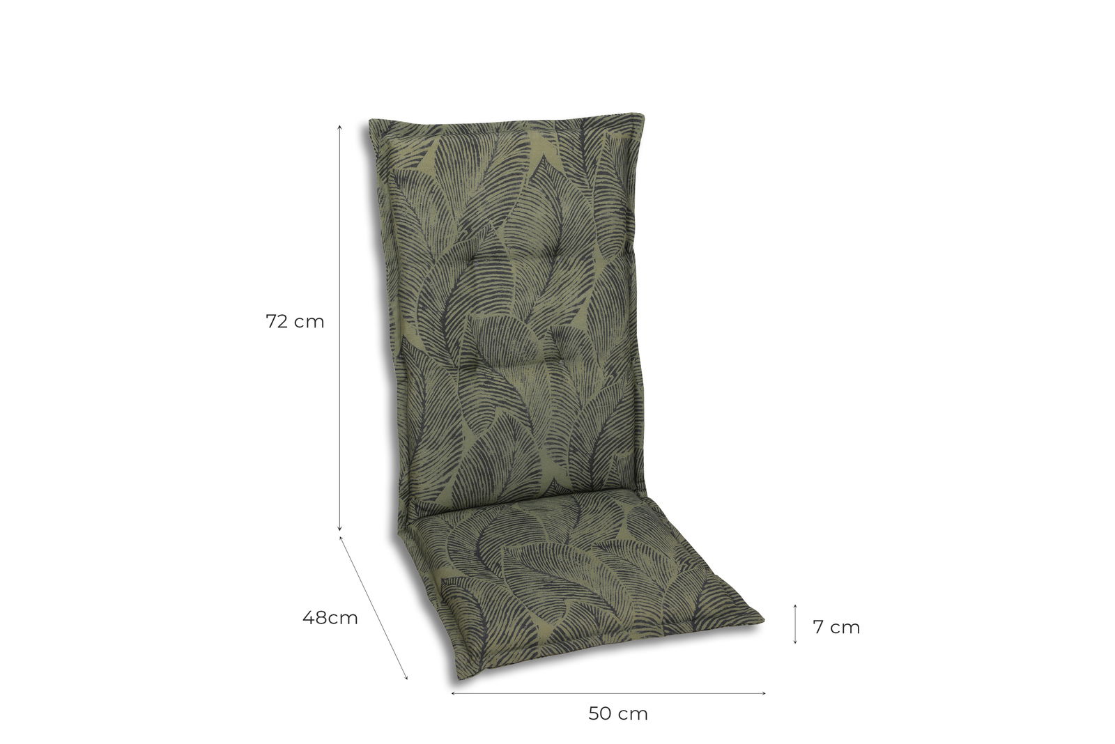 Sesselauflage mit grünem Blattmuster, seitliche Perspektive, Maße: 72 cm Höhe, 48 cm Sitzfläche, 50 cm Breite, 7 cm Dicke
