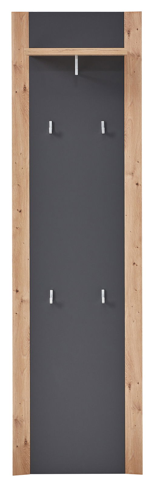 Schmales Garderobenpaneel mit Holzrahmen und vier Haken, frontal betrachtet.