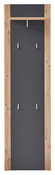 Schmales Garderobenpaneel mit Holzrahmen und vier Haken, frontal betrachtet.