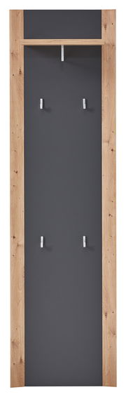 Schmales Garderobenpaneel mit Holzrahmen und vier Haken, frontal betrachtet.