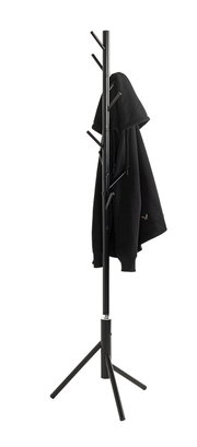 Schwarzer freistehender Kleiderständer/Garderobenständer aus Metall mit mehreren Haken und dreibeinigem Standfuß, mit schwarzem Hoodie daran, frontale Ansicht auf weißem Hintergrund.