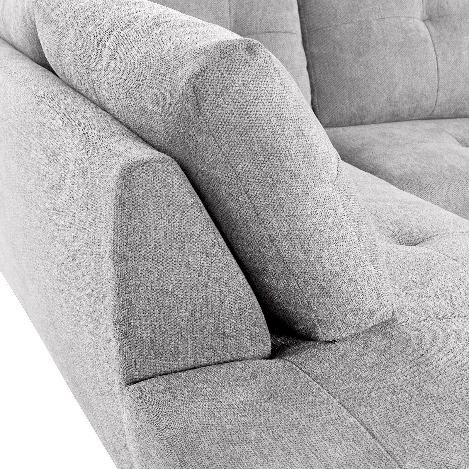 Graues Sofa mit moderner, gepolsterter Rückenlehne und Armlehne, seitliche Perspektive