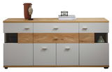 Modernes Sideboard mit Holz- und Weißtönen, dekoriert mit einer Skulptur und Büchern, frontal betrachtet.