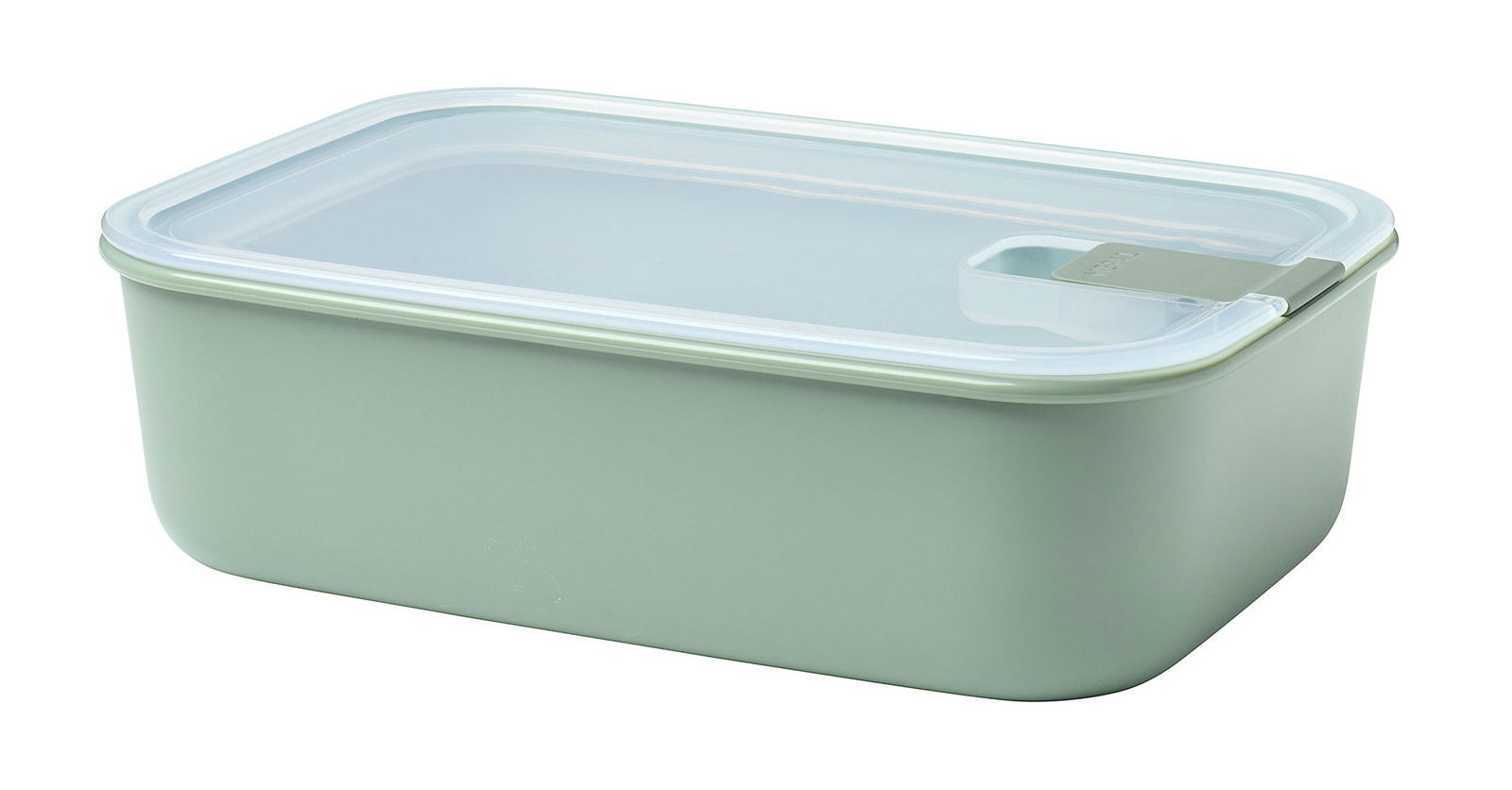 Rechteckige Frischhaltedose mit grünem Boden und transparentem Deckel, seitliche Perspektive